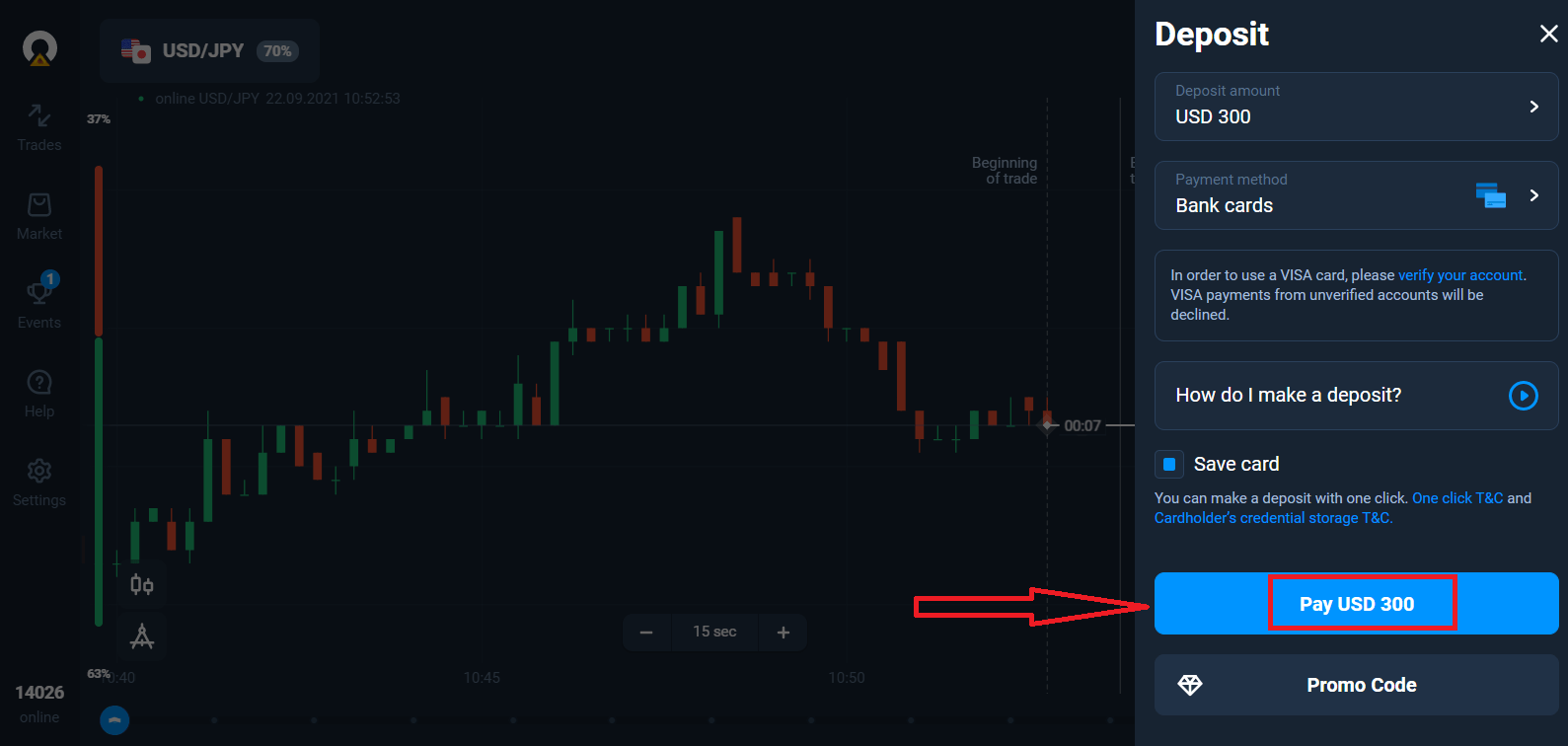 Cómo depositar dinero en Olymptrade mediante tarjetas bancarias (Visa, Mastercard, JCB, Discover Card)