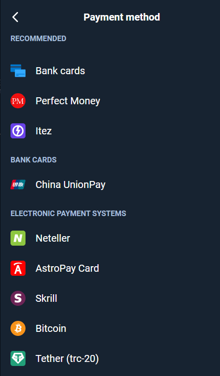 Olymptrade-talletus pankkikorteilla: Visa, Mastercard, JCB, Discover