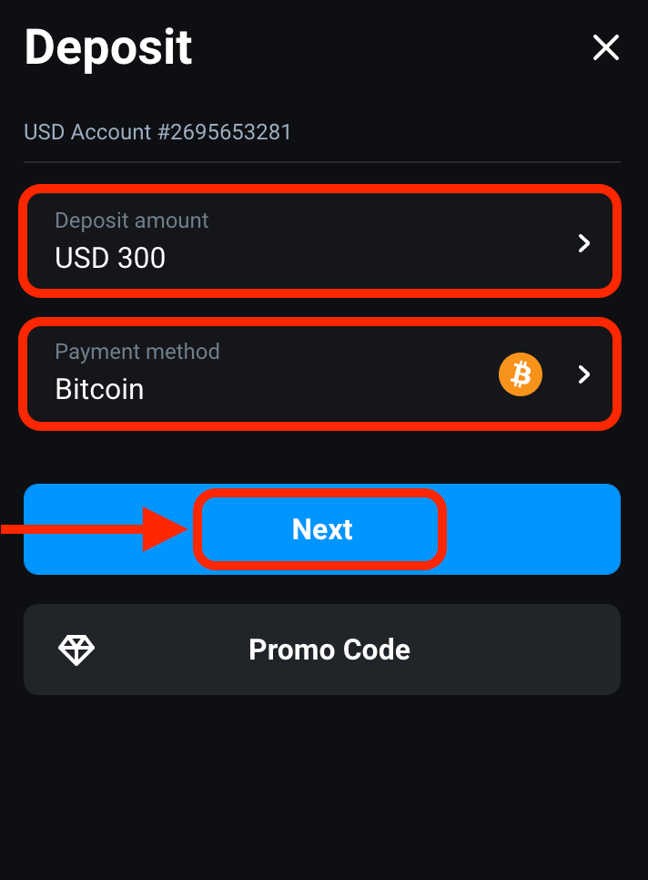 Olymptrade-talletus krypton kautta: Bitcoin, ETH, USDT, Lunu