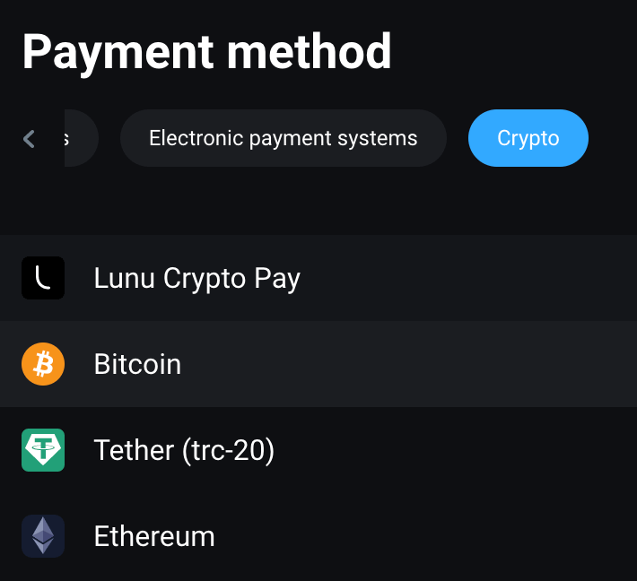 Olymptrade-talletus krypton kautta: Bitcoin, ETH, USDT, Lunu