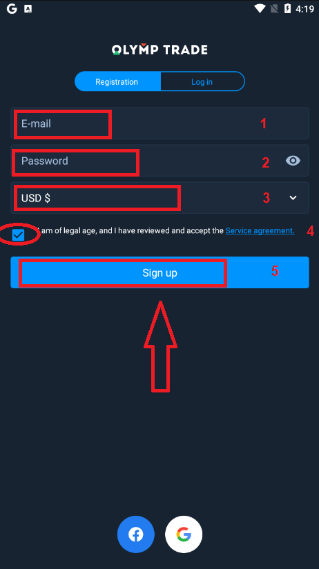 Conta aberta Olymptrade: abra uma conta demo para negociação prática